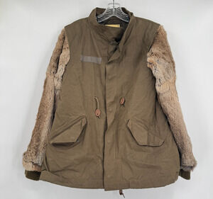 Cycle Womens Green Rabbit Fur Sleeves Woven Cargo Jacket Sz M